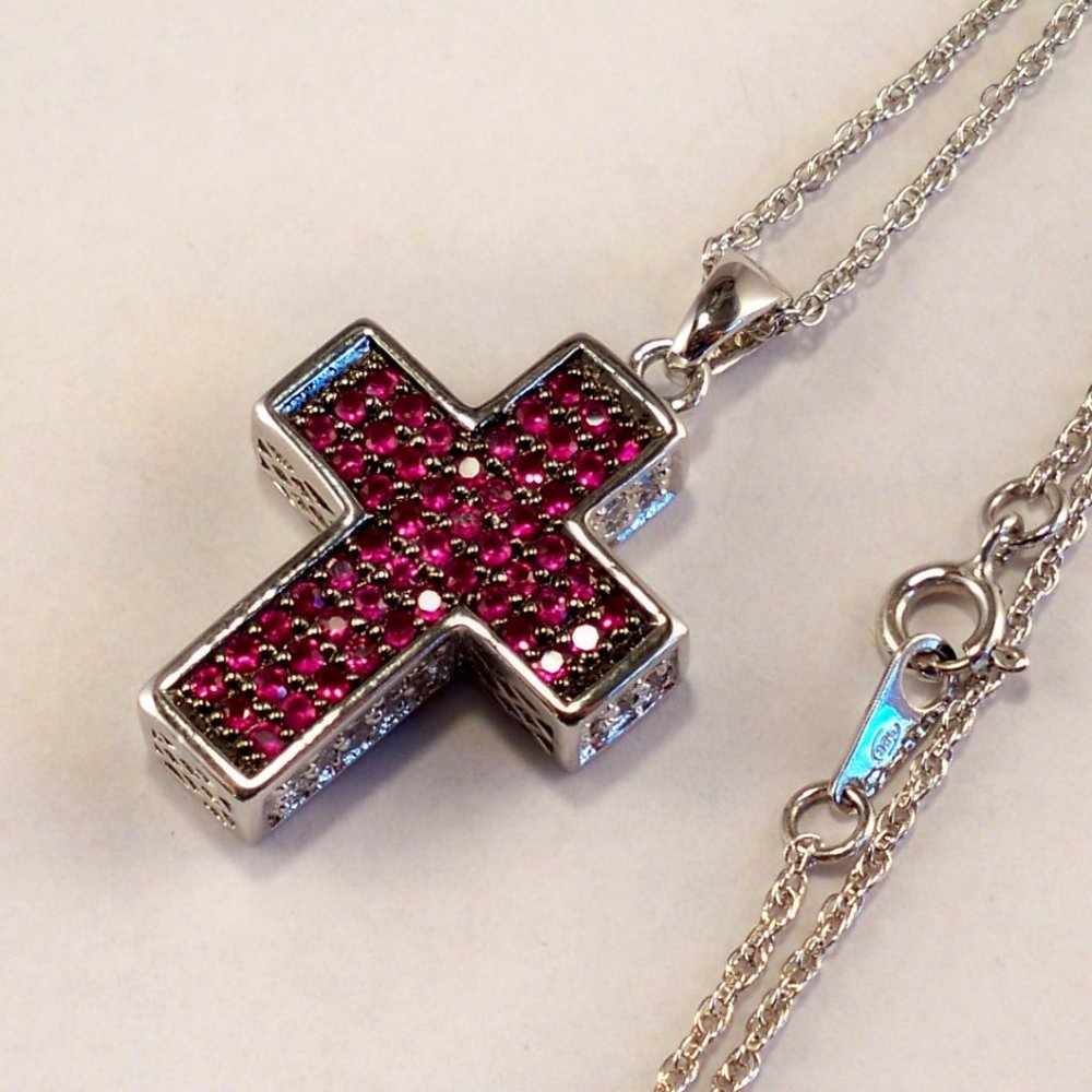 NEW Dark Pink Cubic Zirconias Cross Silver DESIGNER Necklace
